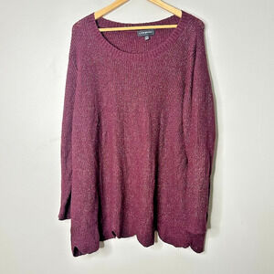 Lane Bryant Women Sweater 22 /24 Burgundy Ribbed Pullover Scalloped Hem Metallic